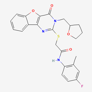 molecular formula C24H22FN3O4S B2945487 N-(4-fluoro-2-methylphenyl)-2-{[4-oxo-3-(tetrahydrofuran-2-ylmethyl)-3,4-dihydro[1]benzofuro[3,2-d]pyrimidin-2-yl]sulfanyl}acetamide CAS No. 899755-06-7