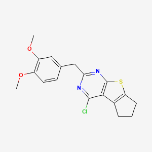 molecular formula C18H17ClN2O2S B2945514 12-Chloro-10-[(3,4-dimethoxyphenyl)methyl]-7-thia-9,11-diazatricyclo[6.4.0.02,6]dodeca-1(8),2(6),9,11-tetraene CAS No. 796079-88-4