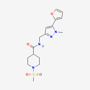 molecular formula C16H22N4O4S B2945545 N-((5-(furan-2-yl)-1-methyl-1H-pyrazol-3-yl)methyl)-1-(methylsulfonyl)piperidine-4-carboxamide CAS No. 1421456-28-1