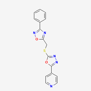 molecular formula C16H11N5O2S B2945614 4-(5-{[(3-Phenyl-1,2,4-oxadiazol-5-yl)methyl]sulfanyl}-1,3,4-oxadiazol-2-yl)pyridine CAS No. 919936-70-2