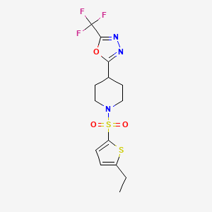 molecular formula C14H16F3N3O3S2 B2945616 2-(1-((5-Ethylthiophen-2-yl)sulfonyl)piperidin-4-yl)-5-(trifluoromethyl)-1,3,4-oxadiazole CAS No. 1705135-10-9
