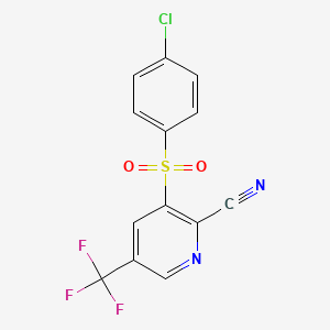 molecular formula C13H6ClF3N2O2S B2945620 3-[(4-Chlorophenyl)sulfonyl]-5-(trifluoromethyl)-2-pyridinecarbonitrile CAS No. 338406-75-0