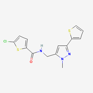molecular formula C14H12ClN3OS2 B2945741 5-Chloro-N-[(2-methyl-5-thiophen-2-ylpyrazol-3-yl)methyl]thiophene-2-carboxamide CAS No. 2309753-02-2