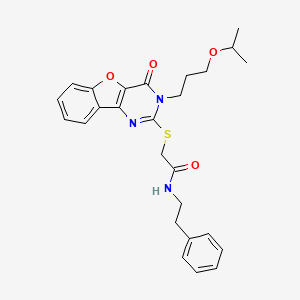 molecular formula C26H29N3O4S B2945770 2-({4-oxo-3-[3-(propan-2-yloxy)propyl]-3,4-dihydro[1]benzofuro[3,2-d]pyrimidin-2-yl}sulfanyl)-N-(2-phenylethyl)acetamide CAS No. 899962-07-3