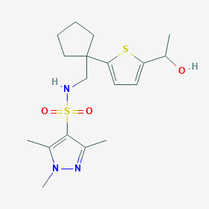 molecular formula C18H27N3O3S2 B2945788 N-((1-(5-(1-hydroxyethyl)thiophen-2-yl)cyclopentyl)methyl)-1,3,5-trimethyl-1H-pyrazole-4-sulfonamide CAS No. 2034491-88-6