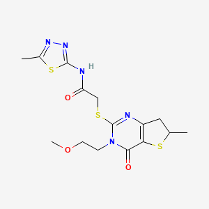 molecular formula C15H19N5O3S3 B2945837 2-((3-(2-methoxyethyl)-6-methyl-4-oxo-3,4,6,7-tetrahydrothieno[3,2-d]pyrimidin-2-yl)thio)-N-(5-methyl-1,3,4-thiadiazol-2-yl)acetamide CAS No. 851409-94-4