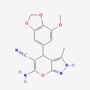 molecular formula C16H14N4O4 B2945907 6-Amino-4-(7-methoxy-1,3-benzodioxol-5-yl)-3-methyl-1,4-dihydropyrano[2,3-c]pyrazole-5-carbonitrile CAS No. 758702-71-5