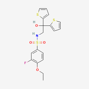 molecular formula C18H18FNO4S3 B2945912 4-ethoxy-3-fluoro-N-(2-hydroxy-2,2-di(thiophen-2-yl)ethyl)benzenesulfonamide CAS No. 2034478-08-3