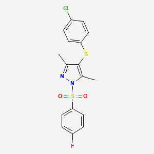 molecular formula C17H14ClFN2O2S2 B2945931 4-((4-氯苯基)硫代)-1-((4-氟苯基)磺酰基)-3,5-二甲基-1H-吡唑 CAS No. 433963-61-2