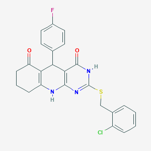 2-((2-chlorobenzyl)thio)-5-(4-fluorophenyl)-7,8,9,10-tetrahydropyrimido[4,5-b]quinoline-4,6(3H,5H)-dione