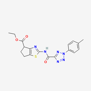 molecular formula C18H18N6O3S B2945960 ethyl 2-(2-(p-tolyl)-2H-tetrazole-5-carboxamido)-5,6-dihydro-4H-cyclopenta[d]thiazole-4-carboxylate CAS No. 1396878-19-5