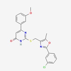 molecular formula C22H18ClN3O3S B2946057 2-(((2-(3-Chlorophenyl)-5-methyloxazol-4-yl)methyl)thio)-6-(3-methoxyphenyl)pyrimidin-4-ol CAS No. 1040635-24-2