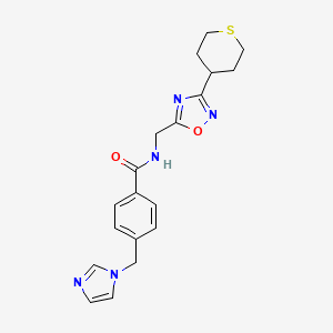 molecular formula C19H21N5O2S B2946079 4-((1H-imidazol-1-yl)methyl)-N-((3-(tetrahydro-2H-thiopyran-4-yl)-1,2,4-oxadiazol-5-yl)methyl)benzamide CAS No. 2034379-48-9