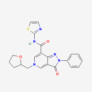 molecular formula C21H19N5O3S B2946231 3-oxo-2-phenyl-5-((tetrahydrofuran-2-yl)methyl)-N-(thiazol-2-yl)-3,5-dihydro-2H-pyrazolo[4,3-c]pyridine-7-carboxamide CAS No. 921549-91-9