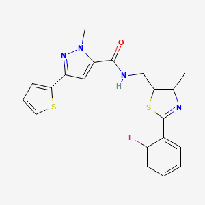 molecular formula C20H17FN4OS2 B2946295 N-((2-(2-fluorophenyl)-4-methylthiazol-5-yl)methyl)-1-methyl-3-(thiophen-2-yl)-1H-pyrazole-5-carboxamide CAS No. 1421485-41-7