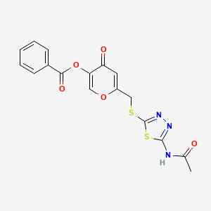 molecular formula C17H13N3O5S2 B2946354 [6-[(5-Acetamido-1,3,4-thiadiazol-2-yl)sulfanylmethyl]-4-oxopyran-3-yl] benzoate CAS No. 877650-51-6