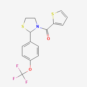 molecular formula C15H12F3NO2S2 B2946386 Thiophen-2-yl(2-(4-(trifluoromethoxy)phenyl)thiazolidin-3-yl)methanone CAS No. 2034485-14-6