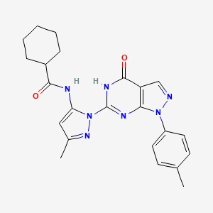 molecular formula C23H25N7O2 B2946406 N-(3-methyl-1-(4-oxo-1-(p-tolyl)-4,5-dihydro-1H-pyrazolo[3,4-d]pyrimidin-6-yl)-1H-pyrazol-5-yl)cyclohexanecarboxamide CAS No. 1171239-98-7