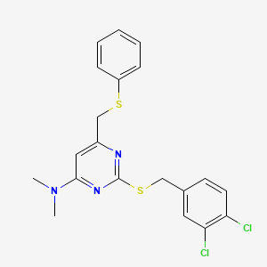 molecular formula C20H19Cl2N3S2 B2946416 2-[(3,4-dichlorophenyl)methylsulfanyl]-N,N-dimethyl-6-(phenylsulfanylmethyl)pyrimidin-4-amine CAS No. 341965-55-7