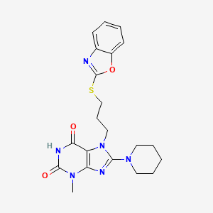 molecular formula C21H24N6O3S B2946426 7-[3-(1,3-Benzoxazol-2-ylsulfanyl)propyl]-3-methyl-8-piperidin-1-ylpurine-2,6-dione CAS No. 872627-69-5