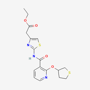 molecular formula C17H19N3O4S2 B2946469 Ethyl 2-(2-(2-((tetrahydrothiophen-3-yl)oxy)nicotinamido)thiazol-4-yl)acetate CAS No. 2034362-83-7