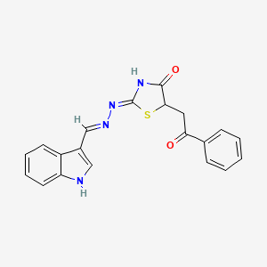 molecular formula C20H16N4O2S B2946541 (Z)-2-((E)-((1H-indol-3-yl)methylene)hydrazono)-5-(2-oxo-2-phenylethyl)thiazolidin-4-one CAS No. 627480-09-5