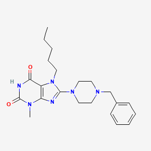 molecular formula C22H30N6O2 B2946565 8-(4-苄基哌嗪-1-基)-3-甲基-7-戊基-1H-嘌呤-2,6(3H,7H)-二酮 CAS No. 361174-78-9