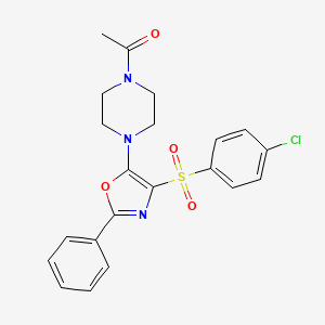 molecular formula C21H20ClN3O4S B2946570 1-(4-(4-((4-Chlorophenyl)sulfonyl)-2-phenyloxazol-5-yl)piperazin-1-yl)ethanone CAS No. 946278-72-4