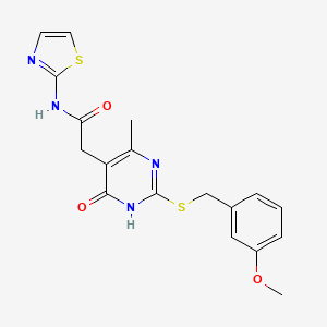 molecular formula C18H18N4O3S2 B2946582 2-(2-((3-methoxybenzyl)thio)-4-methyl-6-oxo-1,6-dihydropyrimidin-5-yl)-N-(thiazol-2-yl)acetamide CAS No. 1105241-83-5
