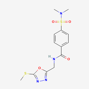 molecular formula C13H16N4O4S2 B2946632 4-(dimethylsulfamoyl)-N-[(5-methylsulfanyl-1,3,4-oxadiazol-2-yl)methyl]benzamide CAS No. 941944-07-6