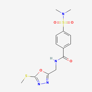 molecular formula C13H16N4O4S2 B2946632 4-(dimethylsulfamoyl)-N-{[5-(methylsulfanyl)-1,3,4-oxadiazol-2-yl]methyl}benzamide CAS No. 941944-07-6