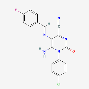 1-(4-chlorophenyl)-5-{[(E)-(4-fluorophenyl)methylidene]amino}-6-imino-2-oxo-1,2,3,6-tetrahydro-4-pyrimidinecarbonitrile