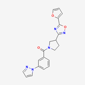 molecular formula C20H17N5O3 B2946751 (3-(1H-pyrazol-1-yl)phenyl)(3-(5-(furan-2-yl)-1,2,4-oxadiazol-3-yl)pyrrolidin-1-yl)methanone CAS No. 2034600-57-0