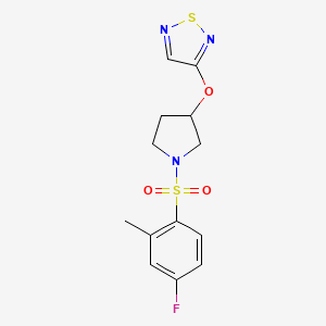 molecular formula C13H14FN3O3S2 B2946781 3-((1-((4-Fluoro-2-methylphenyl)sulfonyl)pyrrolidin-3-yl)oxy)-1,2,5-thiadiazole CAS No. 2097867-27-9