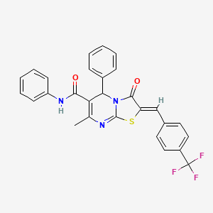 molecular formula C28H20F3N3O2S B2946795 (Z)-7-methyl-3-oxo-N,5-diphenyl-2-(4-(trifluoromethyl)benzylidene)-3,5-dihydro-2H-thiazolo[3,2-a]pyrimidine-6-carboxamide CAS No. 392251-54-6