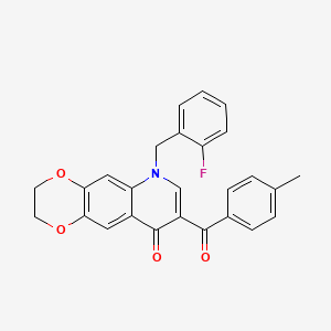 molecular formula C26H20FNO4 B2946843 6-[(2-fluorophenyl)methyl]-8-(4-methylbenzoyl)-2H,3H,6H,9H-[1,4]dioxino[2,3-g]quinolin-9-one CAS No. 866016-64-0