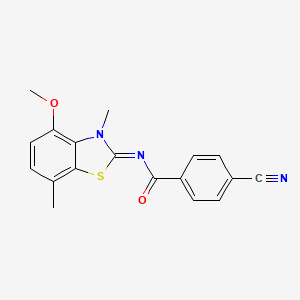 4-cyano-N-(4-methoxy-3,7-dimethyl-1,3-benzothiazol-2-ylidene)benzamide