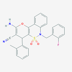 molecular formula C26H20FN3O3S B2946948 2-Amino-6-(2-fluorobenzyl)-4-(2-methylphenyl)-4,6-dihydropyrano[3,2-c][2,1]benzothiazine-3-carbonitrile 5,5-dioxide CAS No. 893295-51-7