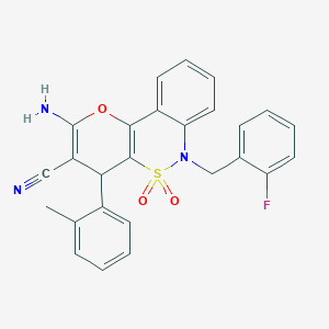 molecular formula C26H20FN3O3S B2946948 4-amino-9-[(2-fluorophenyl)methyl]-6-(2-methylphenyl)-8,8-dioxo-3-oxa-8lambda6-thia-9-azatricyclo[8.4.0.0^{2,7}]tetradeca-1(14),2(7),4,10,12-pentaene-5-carbonitrile CAS No. 893295-51-7