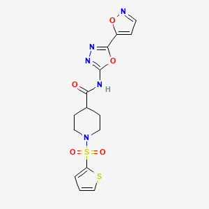molecular formula C15H15N5O5S2 B2947000 N-(5-(isoxazol-5-yl)-1,3,4-oxadiazol-2-yl)-1-(thiophen-2-ylsulfonyl)piperidine-4-carboxamide CAS No. 946313-08-2