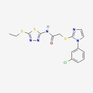 molecular formula C15H14ClN5OS3 B2947017 2-[1-(3-氯苯基)咪唑-2-基]硫代基-N-(5-乙基硫代基-1,3,4-噻二唑-2-基)乙酰胺 CAS No. 851132-78-0