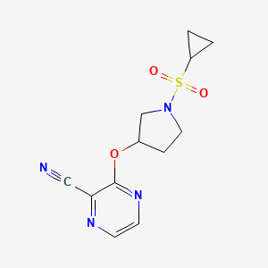 molecular formula C12H14N4O3S B2947023 3-((1-(Cyclopropylsulfonyl)pyrrolidin-3-yl)oxy)pyrazine-2-carbonitrile CAS No. 2034283-17-3