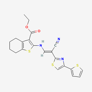 molecular formula C21H19N3O2S3 B2947024 (E)-ethyl 2-((2-cyano-2-(4-(thiophen-2-yl)thiazol-2-yl)vinyl)amino)-4,5,6,7-tetrahydrobenzo[b]thiophene-3-carboxylate CAS No. 799769-55-4