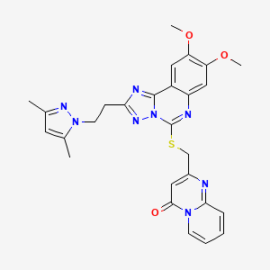 molecular formula C27H26N8O3S B2947067 2-[({2-[2-(3,5-dimethyl-1H-pyrazol-1-yl)ethyl]-8,9-dimethoxy[1,2,4]triazolo[1,5-c]quinazolin-5-yl}thio)methyl]-4H-pyrido[1,2-a]pyrimidin-4-one CAS No. 1015860-72-6