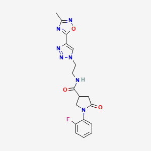 molecular formula C18H18FN7O3 B2947103 1-(2-fluorophenyl)-N-(2-(4-(3-methyl-1,2,4-oxadiazol-5-yl)-1H-1,2,3-triazol-1-yl)ethyl)-5-oxopyrrolidine-3-carboxamide CAS No. 2034589-40-5