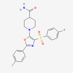 molecular formula C22H22FN3O4S B2947222 1-(4-((4-氟苯基)磺酰基)-2-(对甲苯基)恶唑-5-基)哌啶-4-甲酰胺 CAS No. 862763-58-4