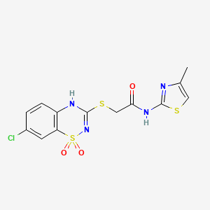 molecular formula C13H11ClN4O3S3 B2947237 2-((7-chloro-1,1-dioxido-4H-benzo[e][1,2,4]thiadiazin-3-yl)thio)-N-(4-methylthiazol-2-yl)acetamide CAS No. 899750-22-2