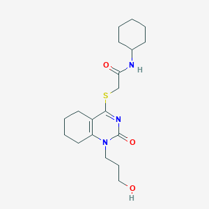 molecular formula C19H29N3O3S B2947246 N-cyclohexyl-2-((1-(3-hydroxypropyl)-2-oxo-1,2,5,6,7,8-hexahydroquinazolin-4-yl)thio)acetamide CAS No. 942013-42-5