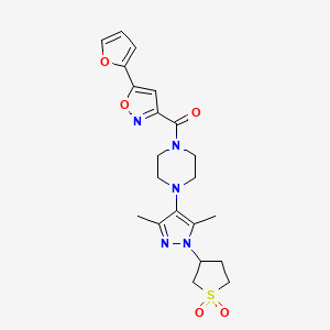 molecular formula C21H25N5O5S B2947363 (4-(1-(1,1-二氧化四氢噻吩-3-基)-3,5-二甲基-1H-吡唑-4-基)哌嗪-1-基)(5-(呋喃-2-基)异恶唑-3-基)甲酮 CAS No. 1351659-54-5