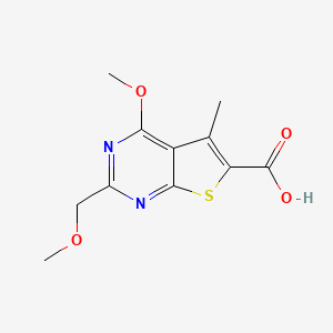 molecular formula C11H12N2O4S B2947391 4-Methoxy-2-(methoxymethyl)-5-methylthieno[2,3-d]pyrimidine-6-carboxylic acid CAS No. 877825-77-9